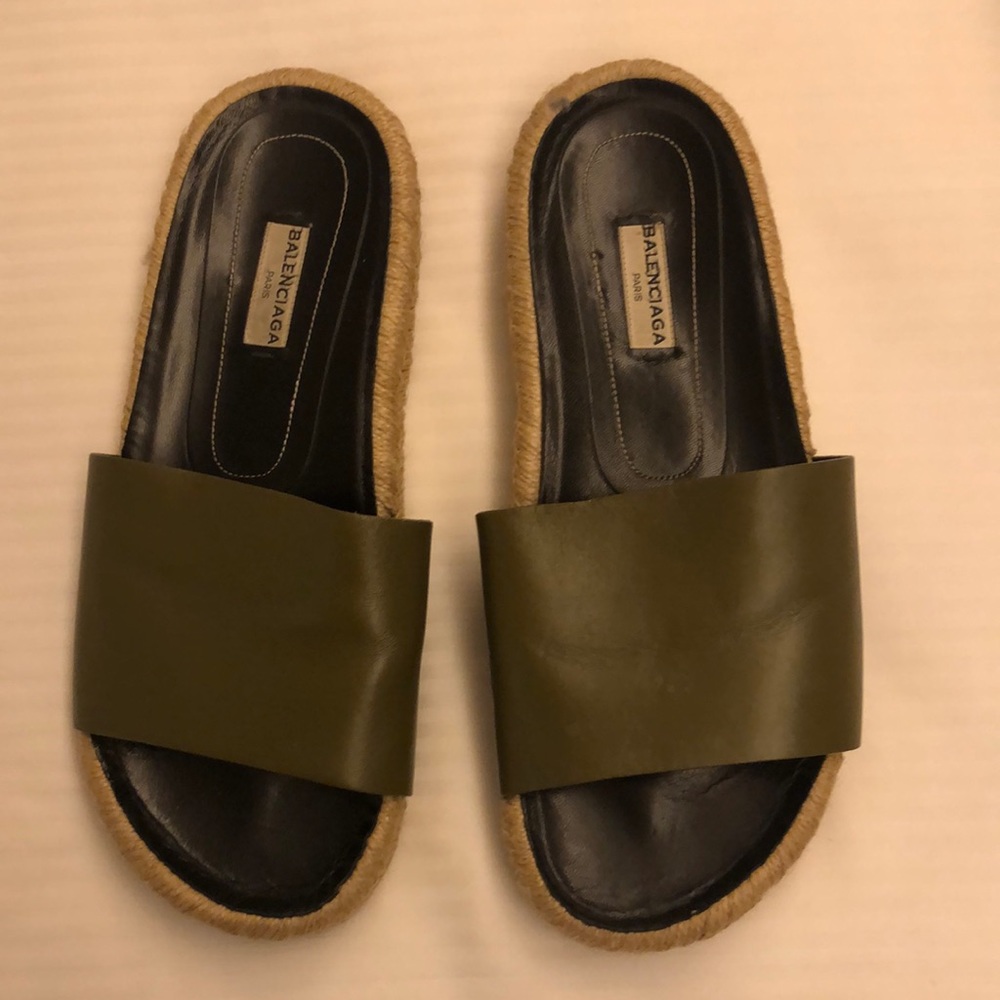 Balenciaga olive green leather slide sandal jute trim espadrille 39